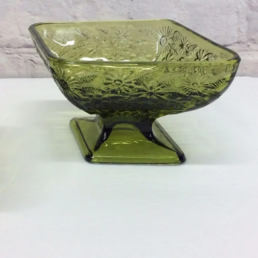 Vintage Indiana Glass Olive Green Diamond Shape Pedestal Candy Dish Bowl Set 2